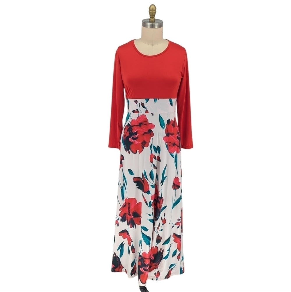 Women's Floral Maxi Jersey Knit Dress Red White XXL tropical casual modest